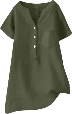 Womens Linen Tops Cotton Womens Short Sleeve Shirts V Neck Collared Down Blouse Tops Oversized Button Down Shirt