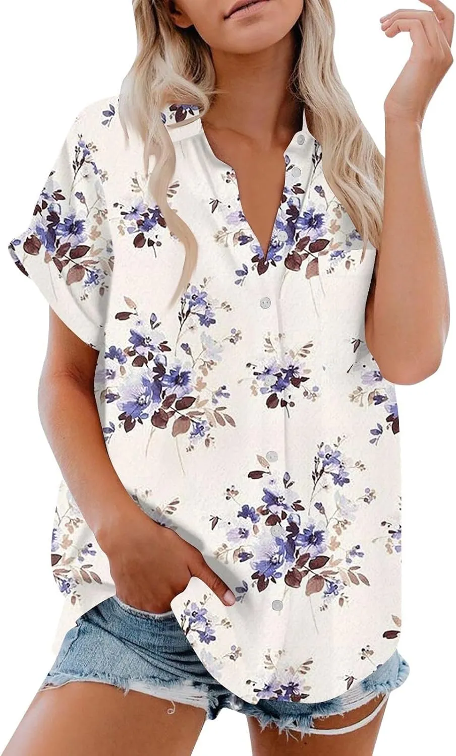Womens Linen Tops Cotton Womens Short Sleeve Shirts V Neck Collared Down Blouse Tops Oversized Button Down Shirt