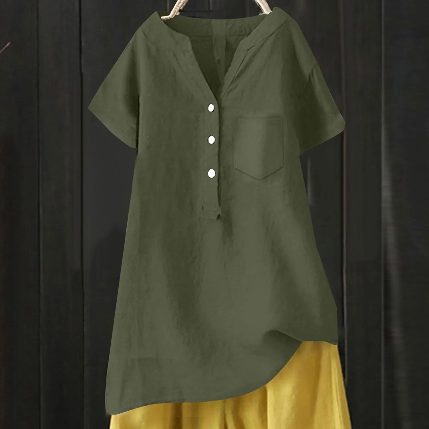 Womens Linen Tops Cotton Womens Short Sleeve Shirts V Neck Collared Down Blouse Tops Oversized Button Down Shirt