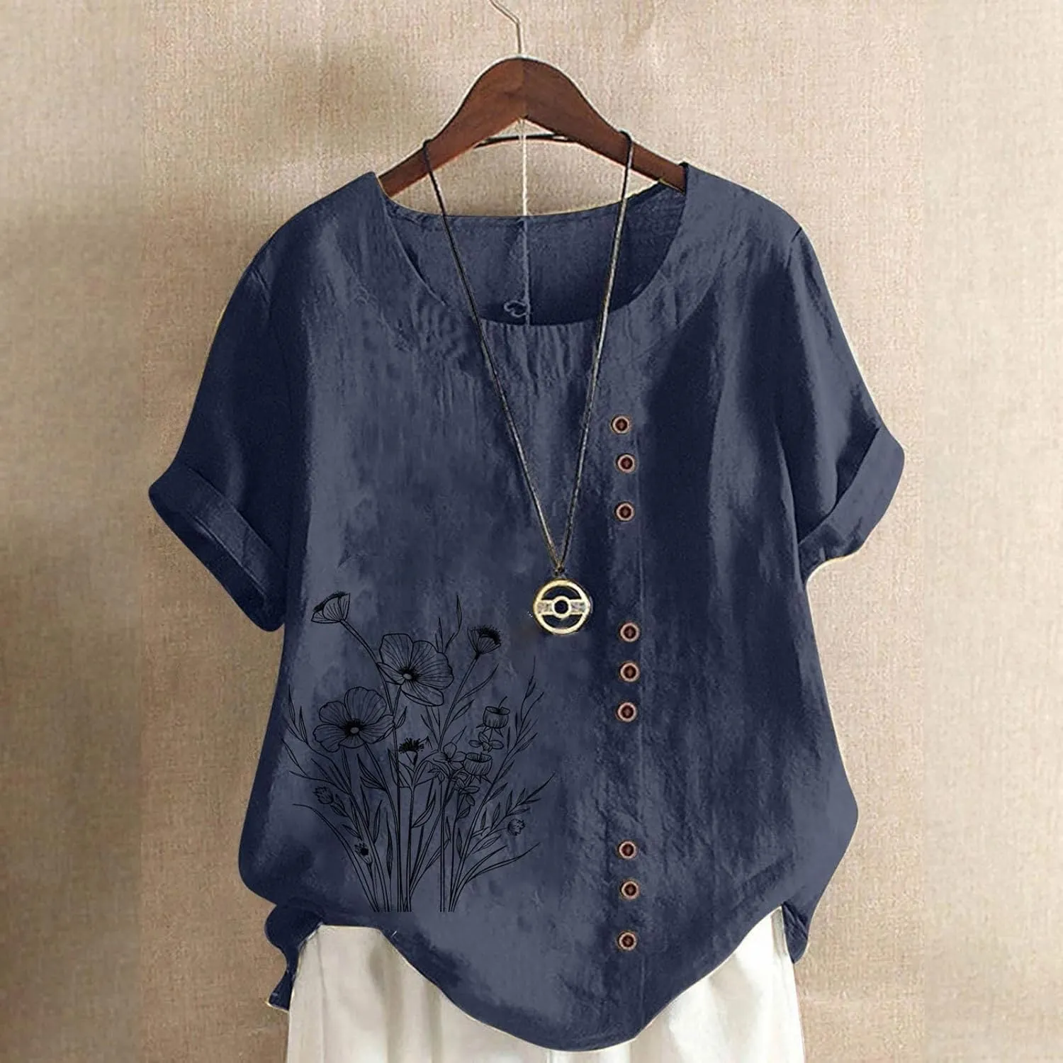 Womens Linen Tunic Tops Short Sleeve Crew Neck Boho Floral 2025 Summer Tops Vintage Beach Blouse Travel Clothes
