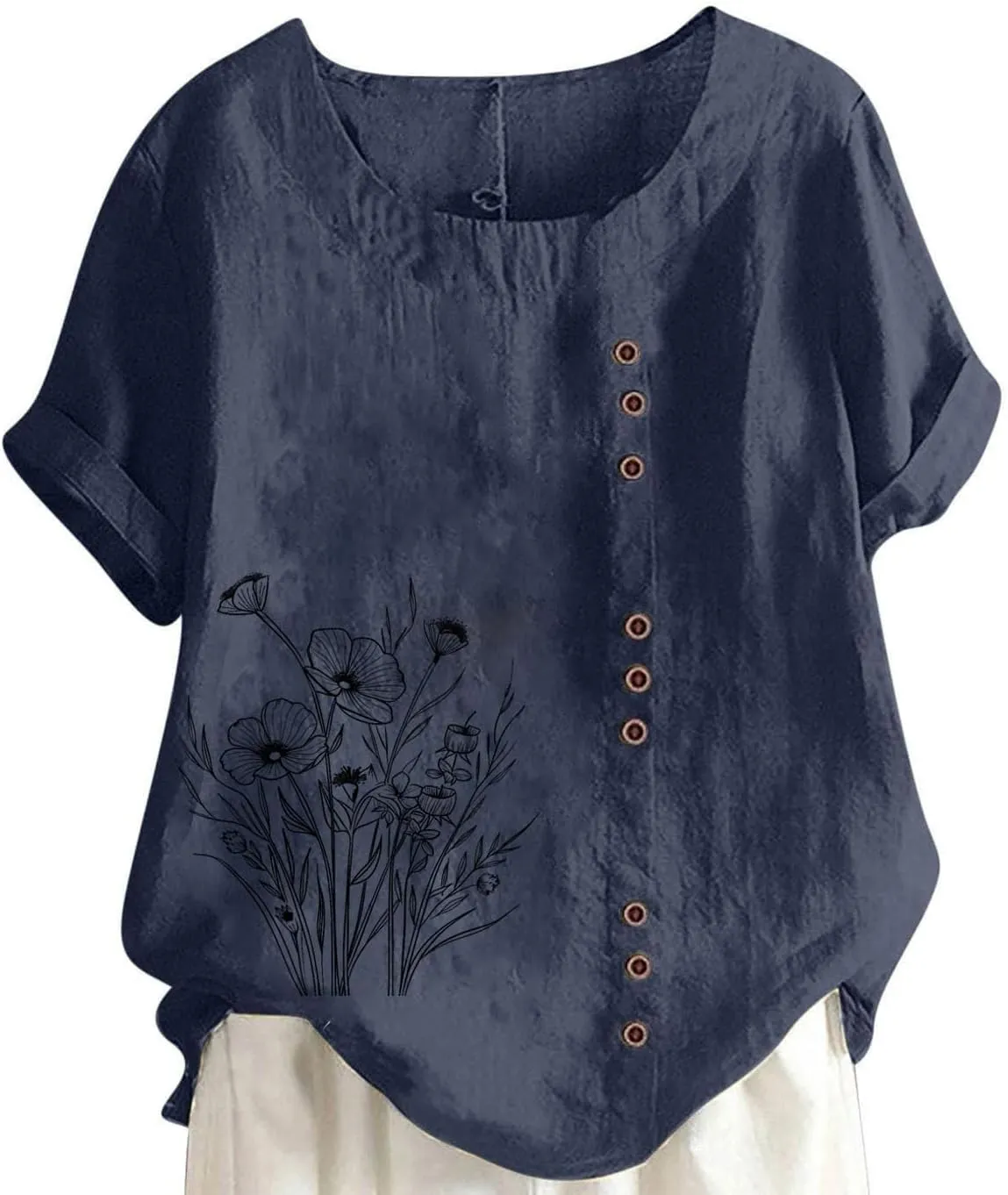 Womens Linen Tunic Tops Short Sleeve Crew Neck Boho Floral 2025 Summer Tops Vintage Beach Blouse Travel Clothes