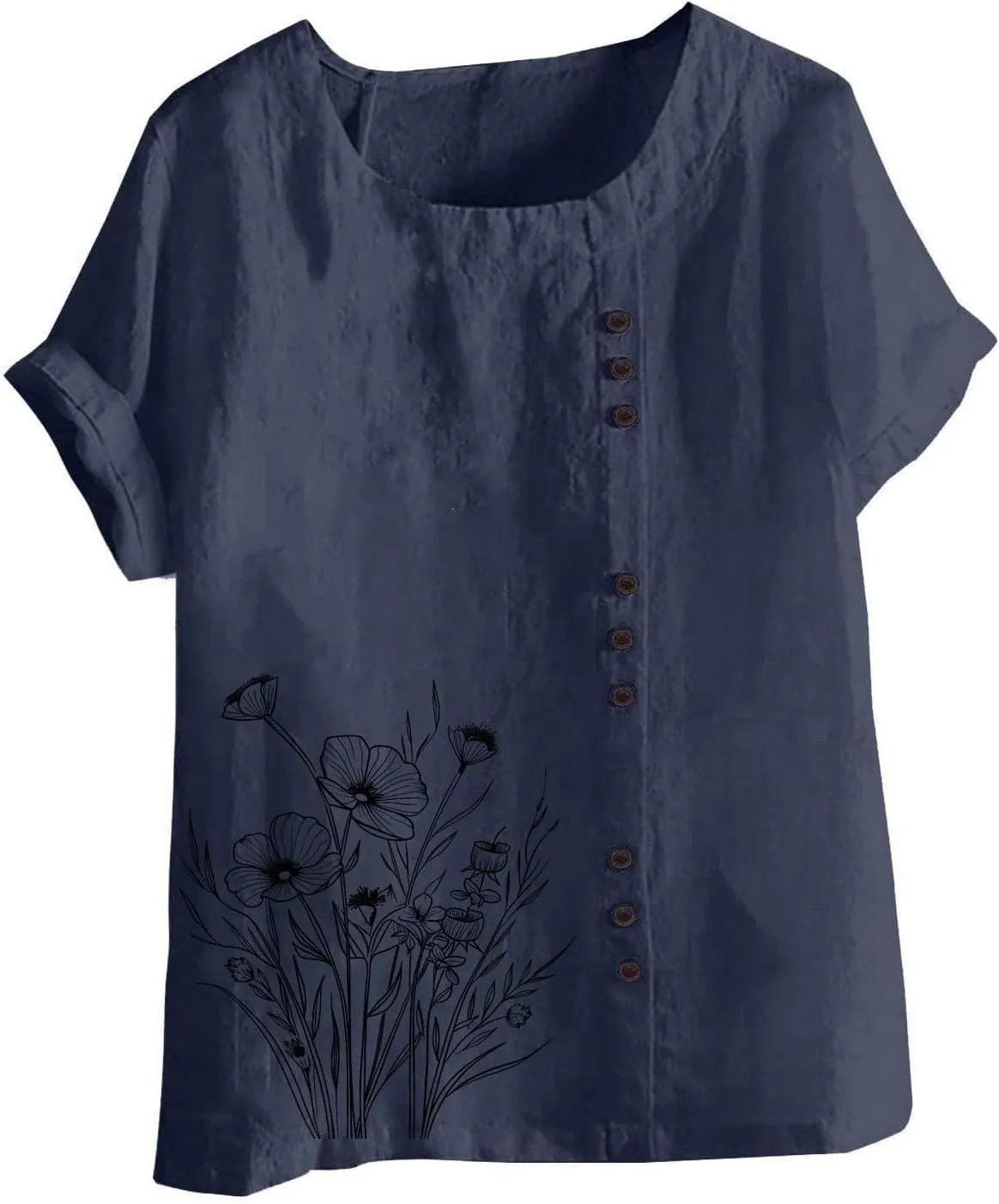 Womens Linen Tunic Tops Short Sleeve Crew Neck Boho Floral 2025 Summer Tops Vintage Beach Blouse Travel Clothes