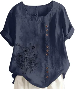 Womens Linen Tunic Tops Short Sleeve Crew Neck Boho Floral 2025 Summer Tops Vintage Beach Blouse Travel Clothes