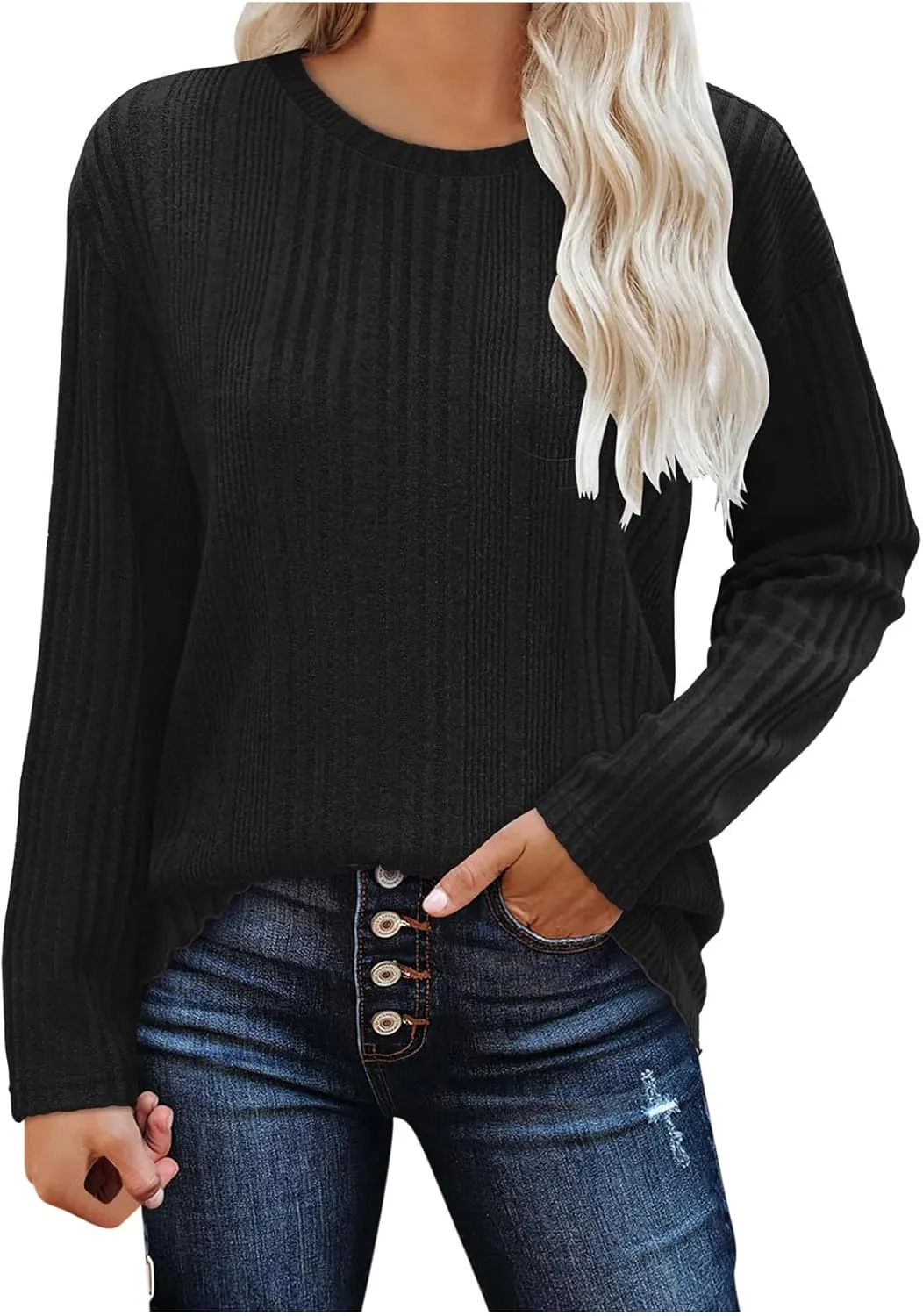 Women's Long Sleeve Tops Crewneck Pullover Sweater Basic Casual Solid Color Tops Fall Soft Drop Shoulder Sweater
