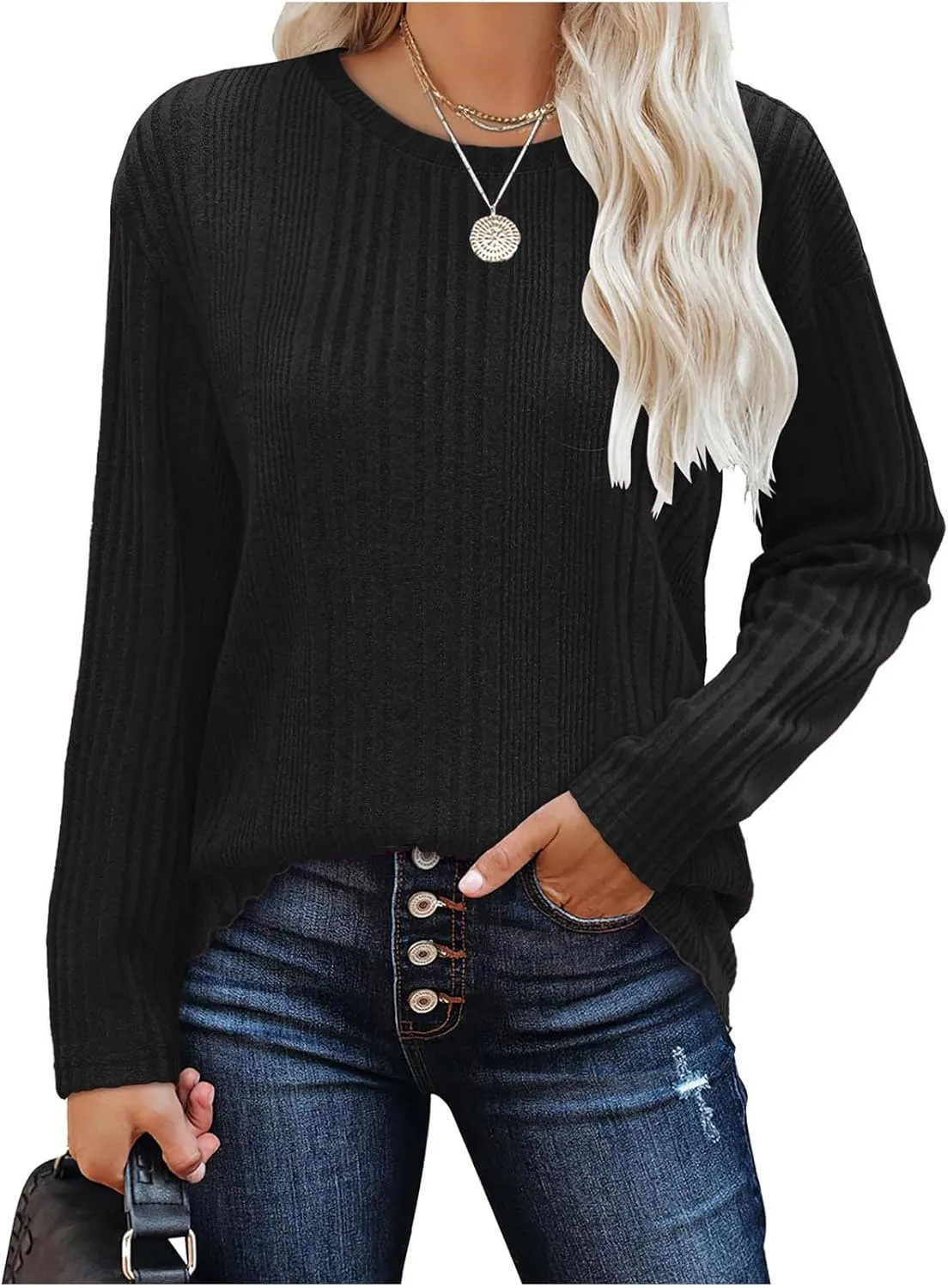 Women's Long Sleeve Tops Crewneck Pullover Sweater Basic Casual Solid Color Tops Fall Soft Drop Shoulder Sweater
