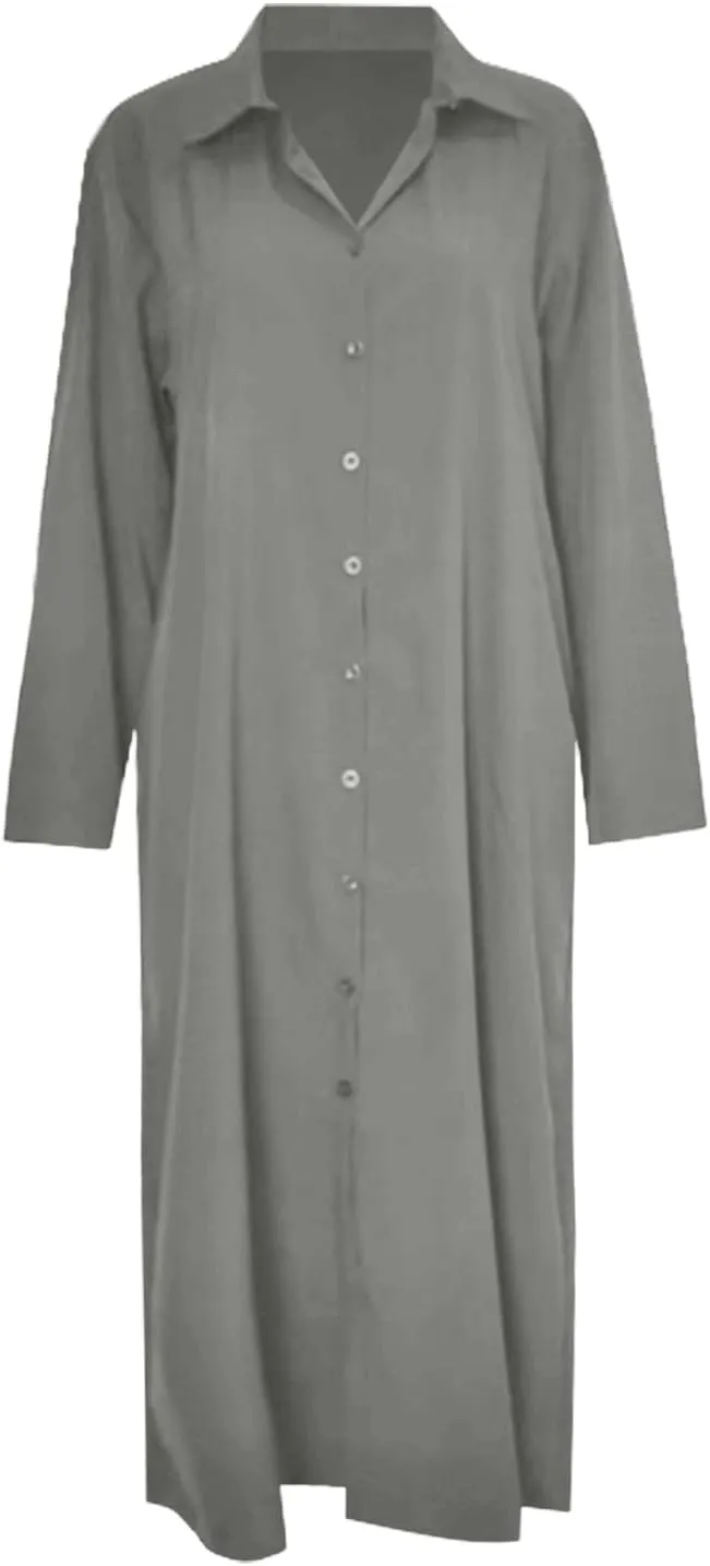 Women's Maxi Dresses Summer Long Sleeeve Button Down Formal Dress Plus Size Loose Casual Long Shirt Dress with Pocket