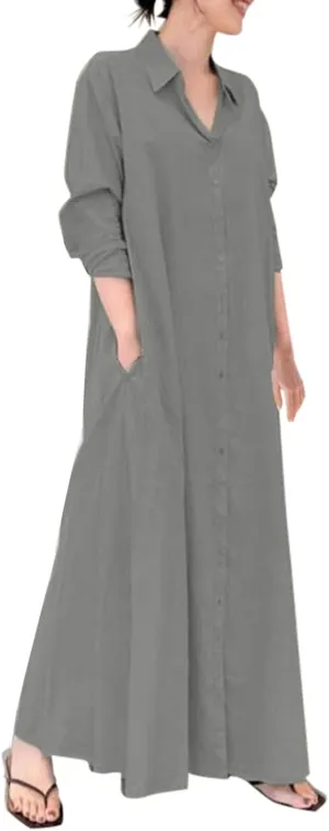 Women's Maxi Dresses Summer Long Sleeeve Button Down Formal Dress Plus Size Loose Casual Long Shirt Dress with Pocket