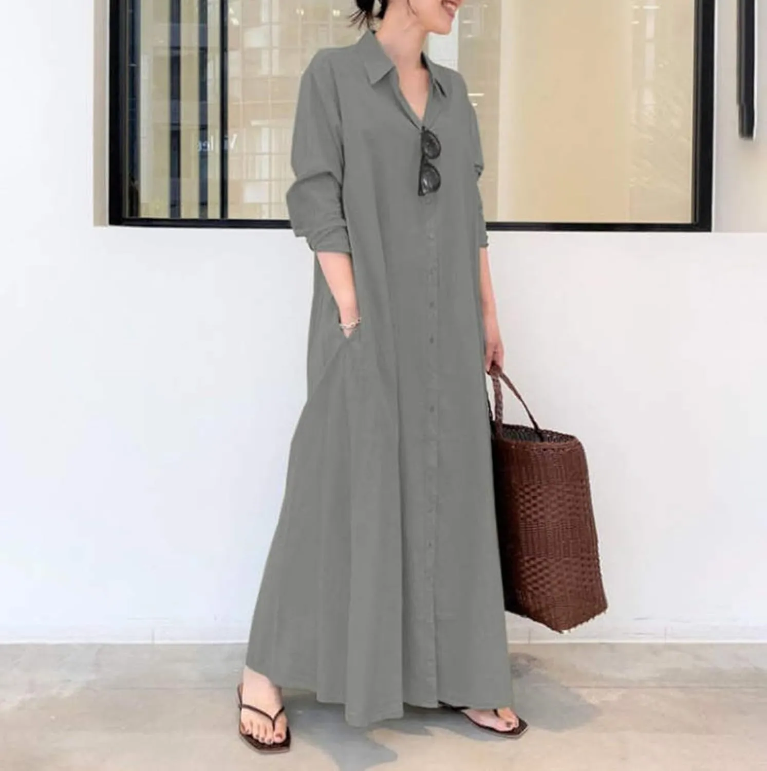 Women's Maxi Dresses Summer Long Sleeeve Button Down Formal Dress Plus Size Loose Casual Long Shirt Dress with Pocket