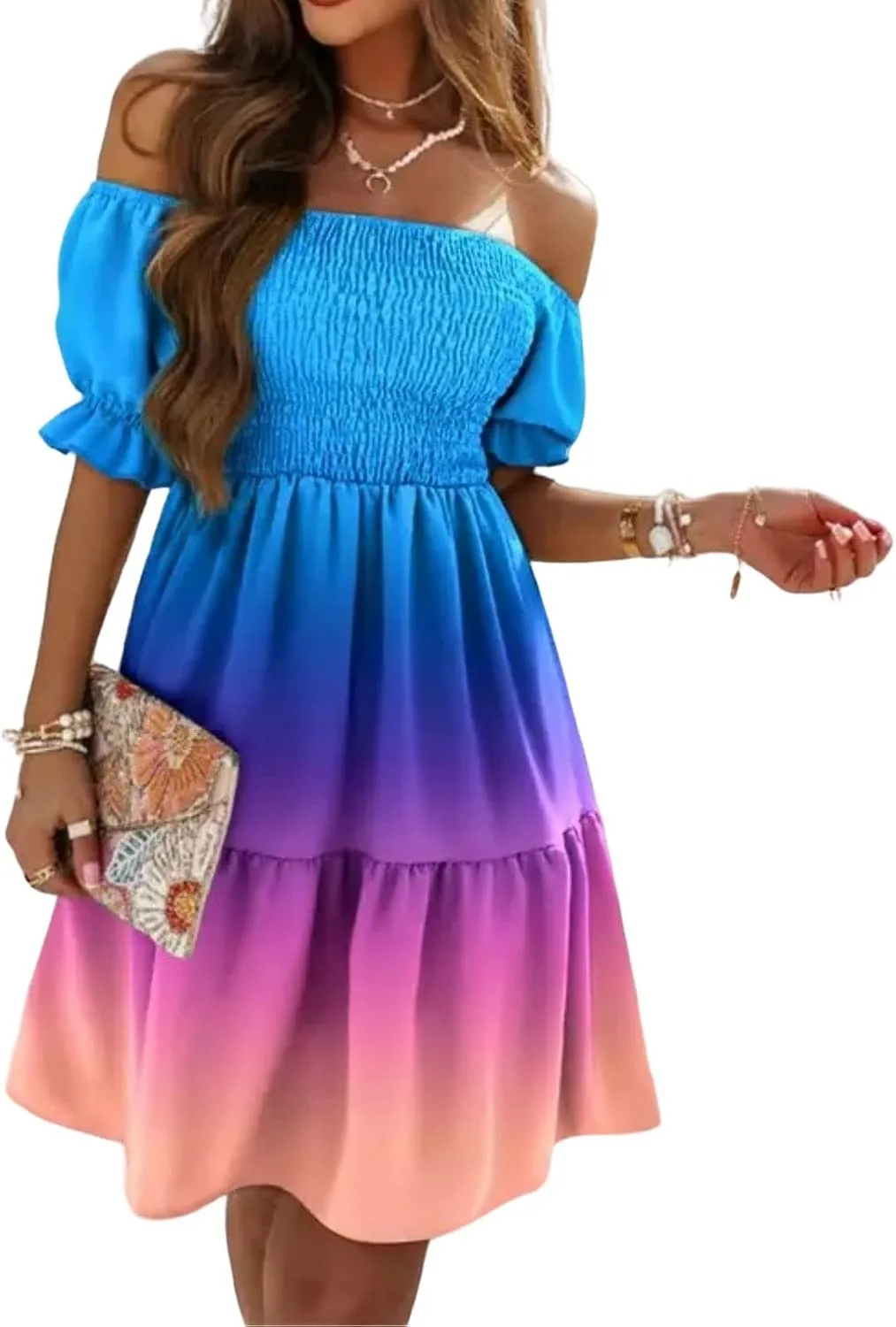 Womens Off Shoulder Ruffle Dresses Floral A Line Midi Dress Wedding Guest Dresses Summer Travel Vacation Dress