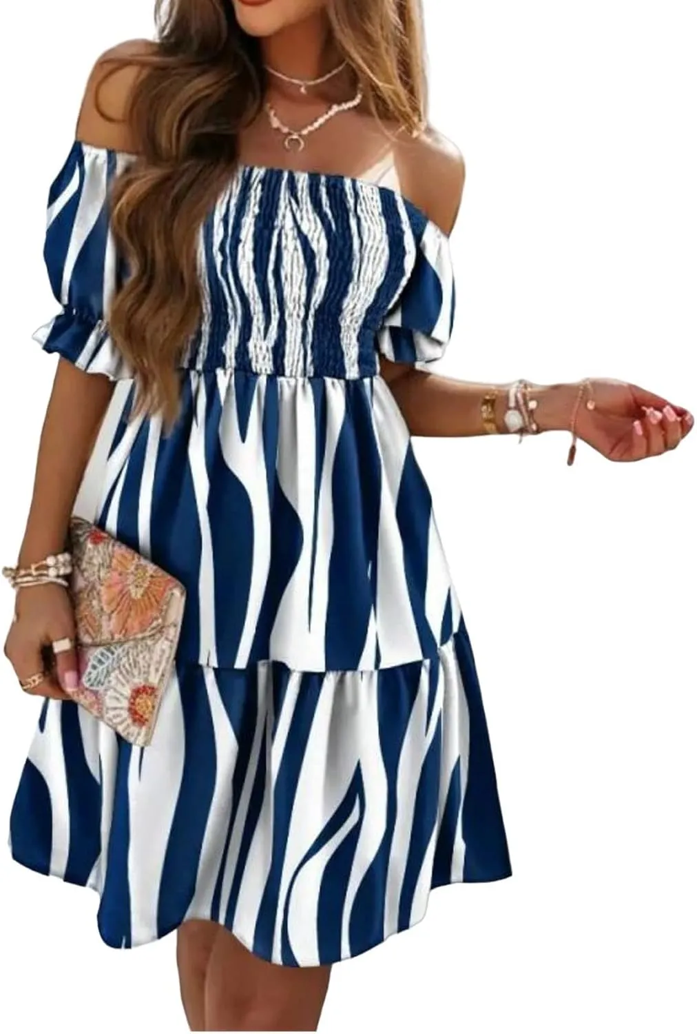 Womens Off Shoulder Ruffle Dresses Floral A Line Midi Dress Wedding Guest Dresses Summer Travel Vacation Dress