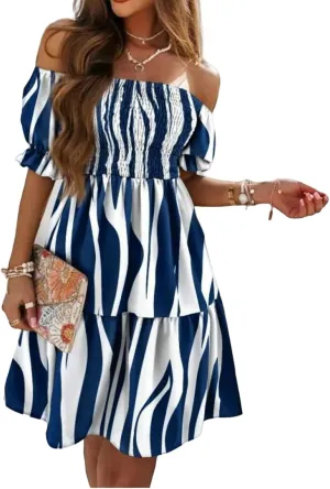 Womens Off Shoulder Ruffle Dresses Floral A Line Midi Dress Wedding Guest Dresses Summer Travel Vacation Dress