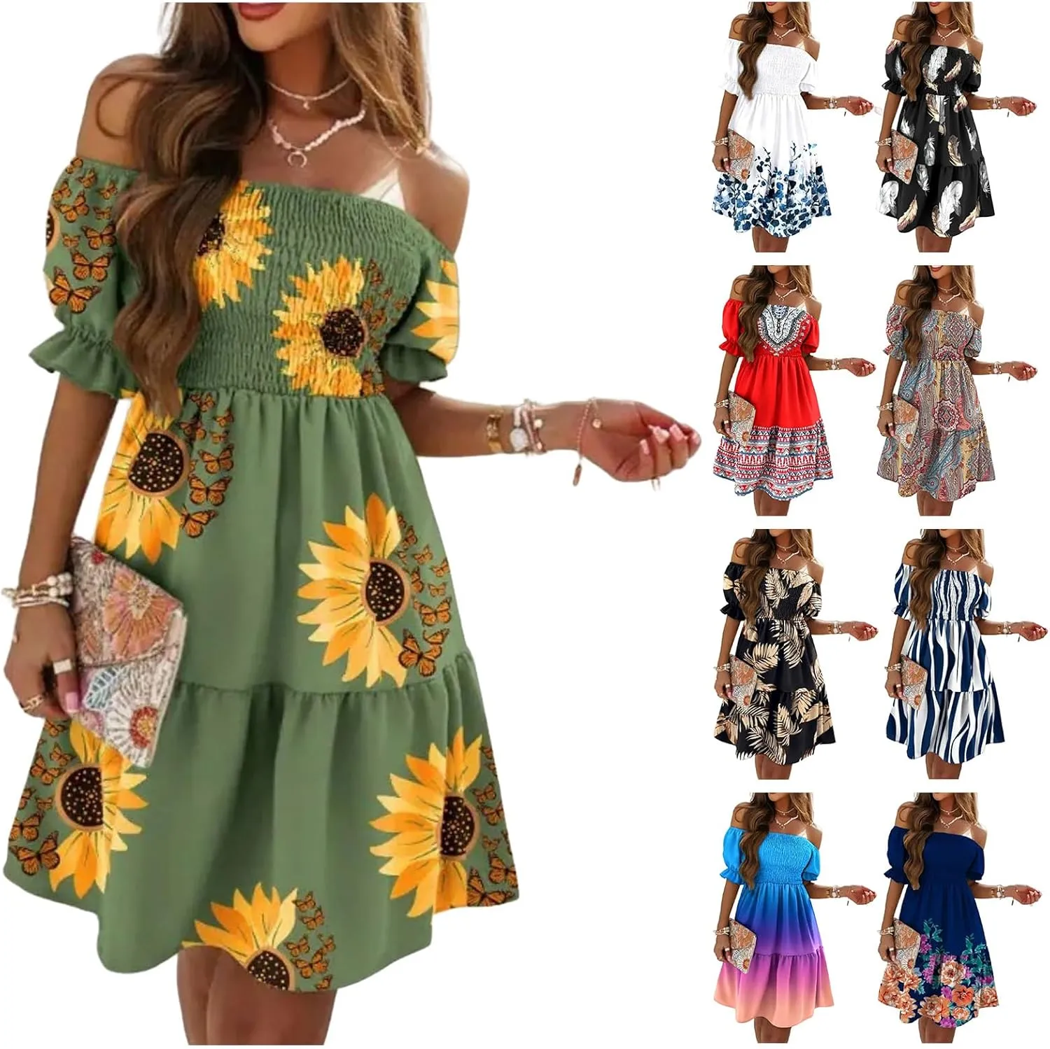 Womens Off Shoulder Ruffle Dresses Floral A Line Midi Dress Wedding Guest Dresses Summer Travel Vacation Dress