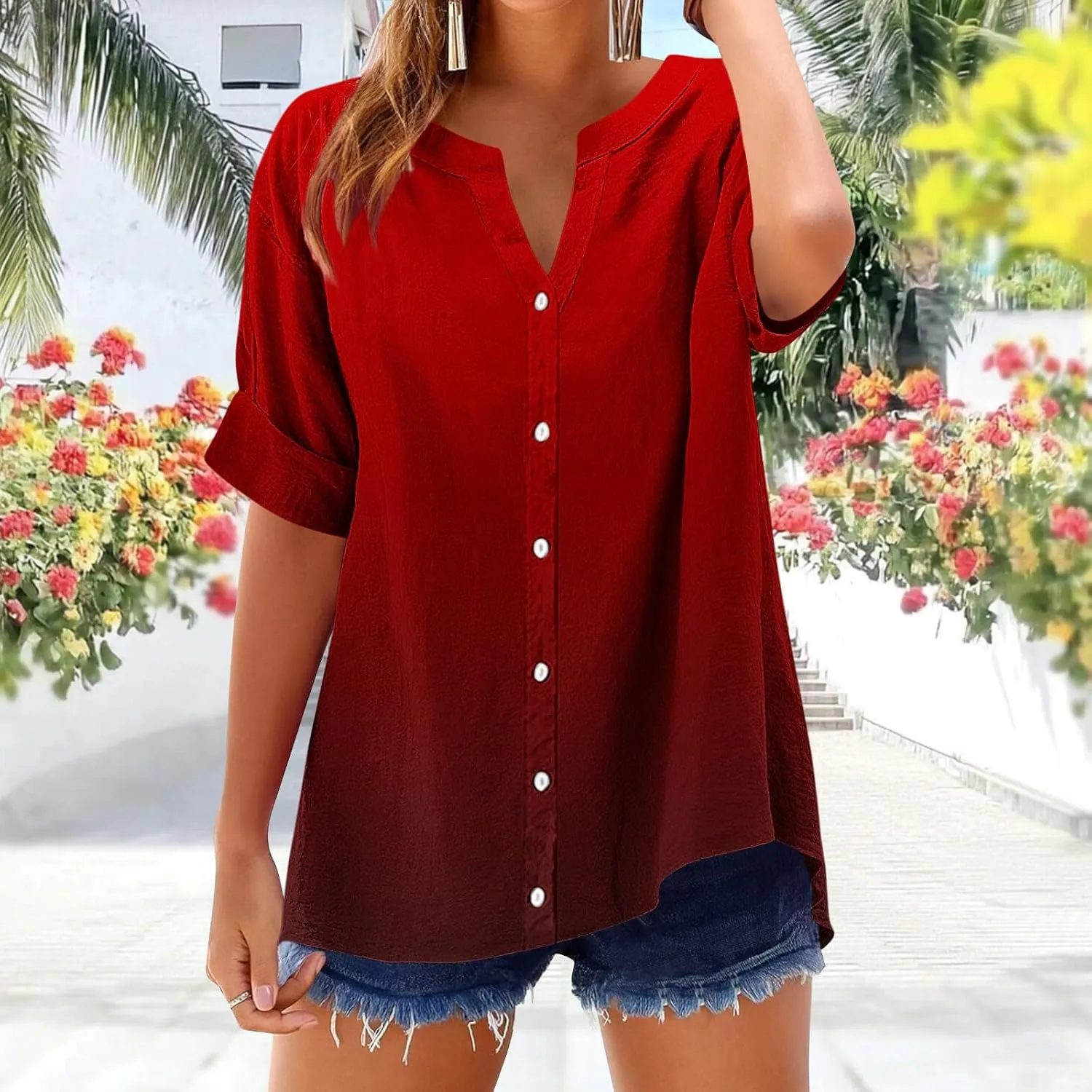 Womens Ombre Summer Shirts Gradient Color Short Sleeve Vacation Tunic Tops Oversized Tshirts V Neck Blouses Tops