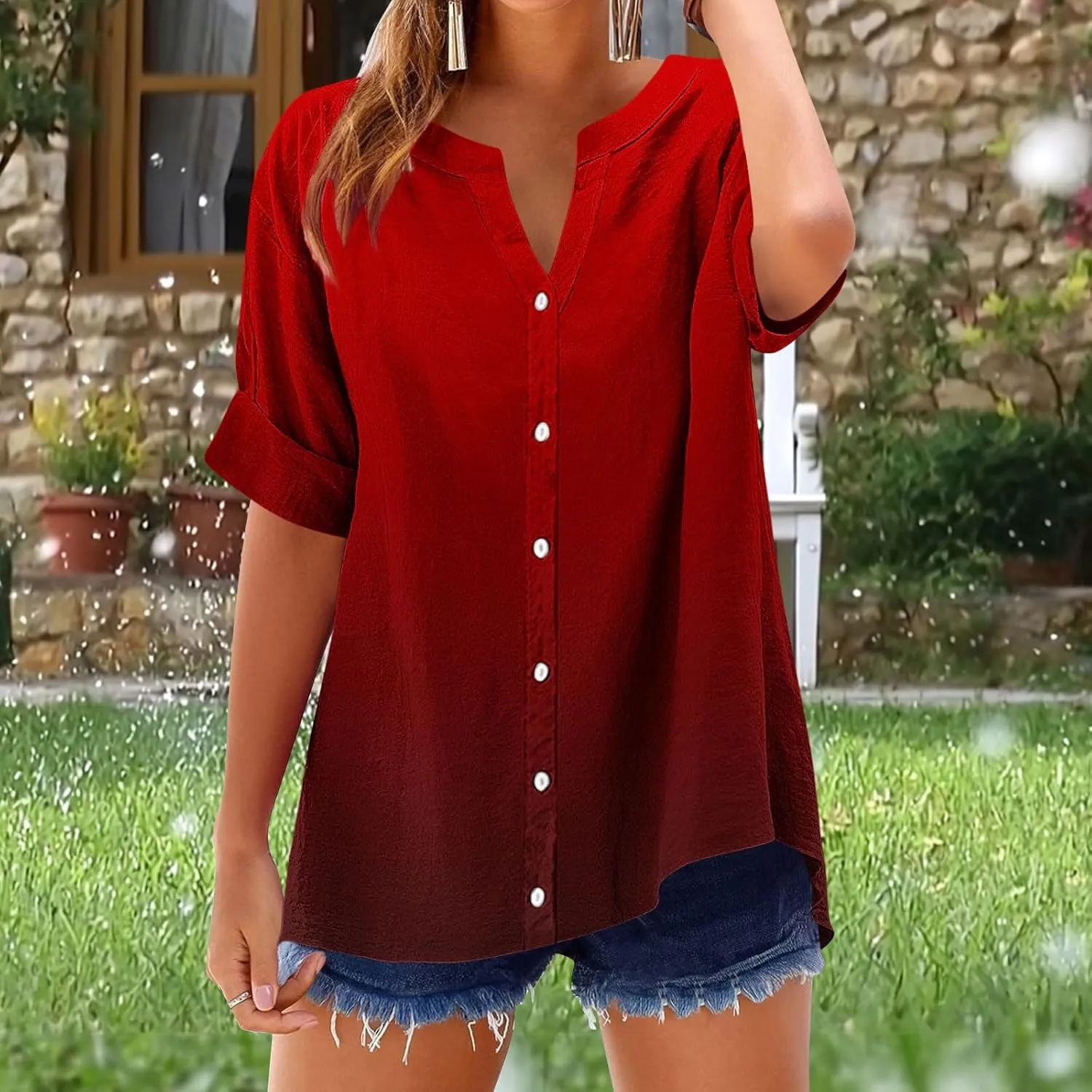 Womens Ombre Summer Shirts Gradient Color Short Sleeve Vacation Tunic Tops Oversized Tshirts V Neck Blouses Tops
