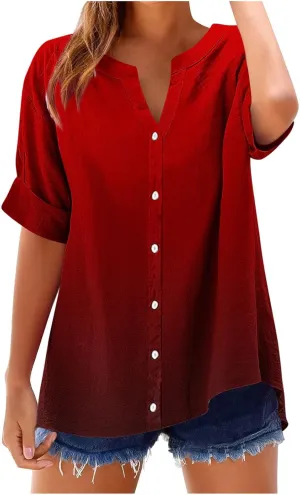 Womens Ombre Summer Shirts Gradient Color Short Sleeve Vacation Tunic Tops Oversized Tshirts V Neck Blouses Tops