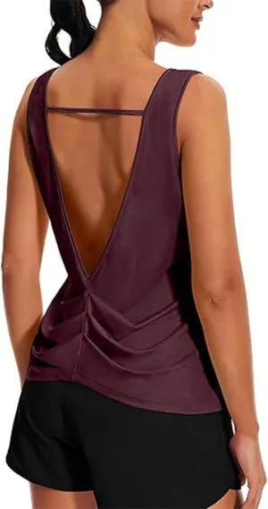Women's Open Back Tank Tops Lightweight Sleeveless Workout Athletic Gym Yoga Shirts Running Quick Dry Pleated Tops
