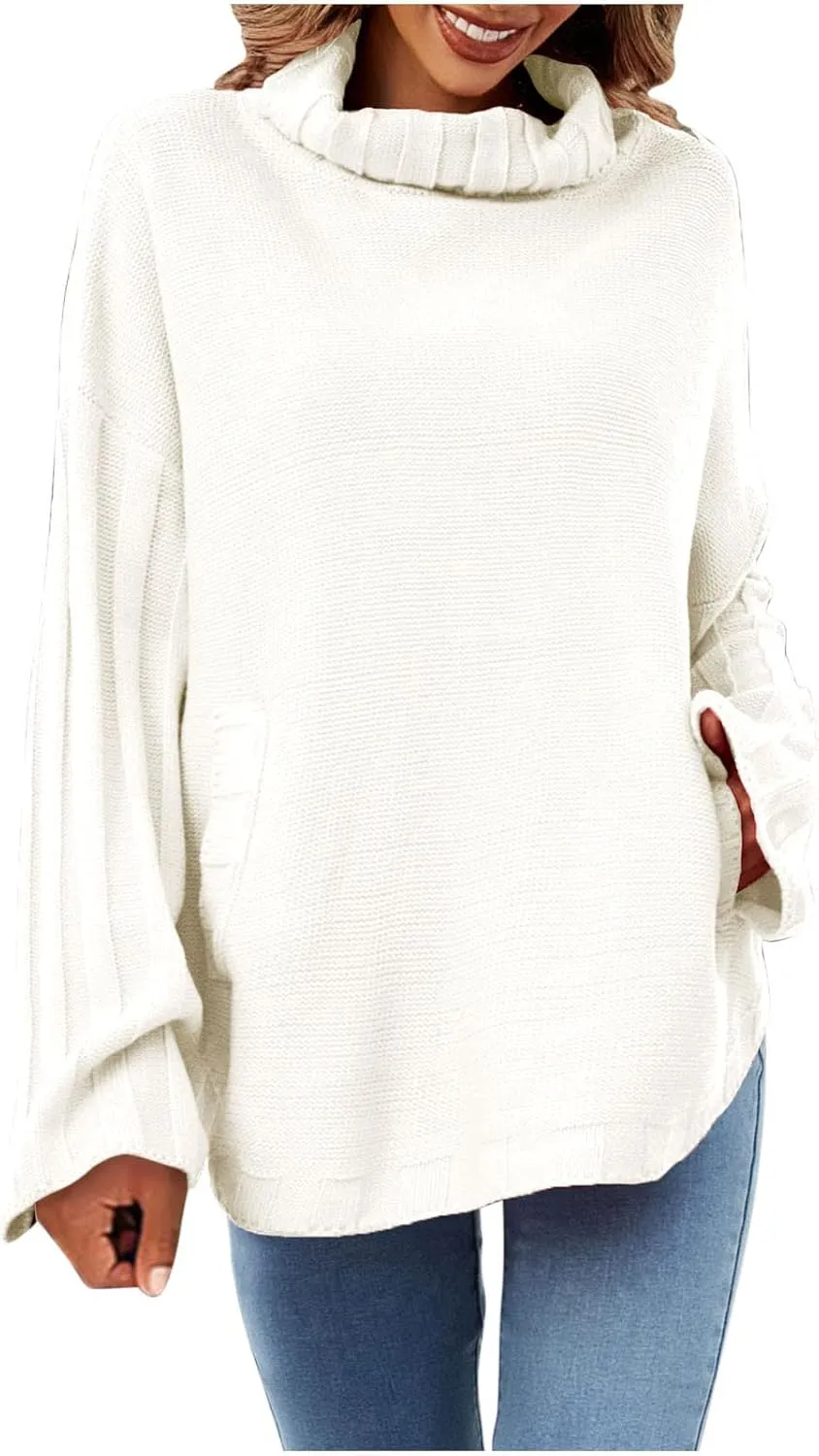 Women's Oversized Sweater Tops Long Sleeve Turtleneck Knit Jumper Solid Loose Dressy Pullover Blouse Tunic Tops