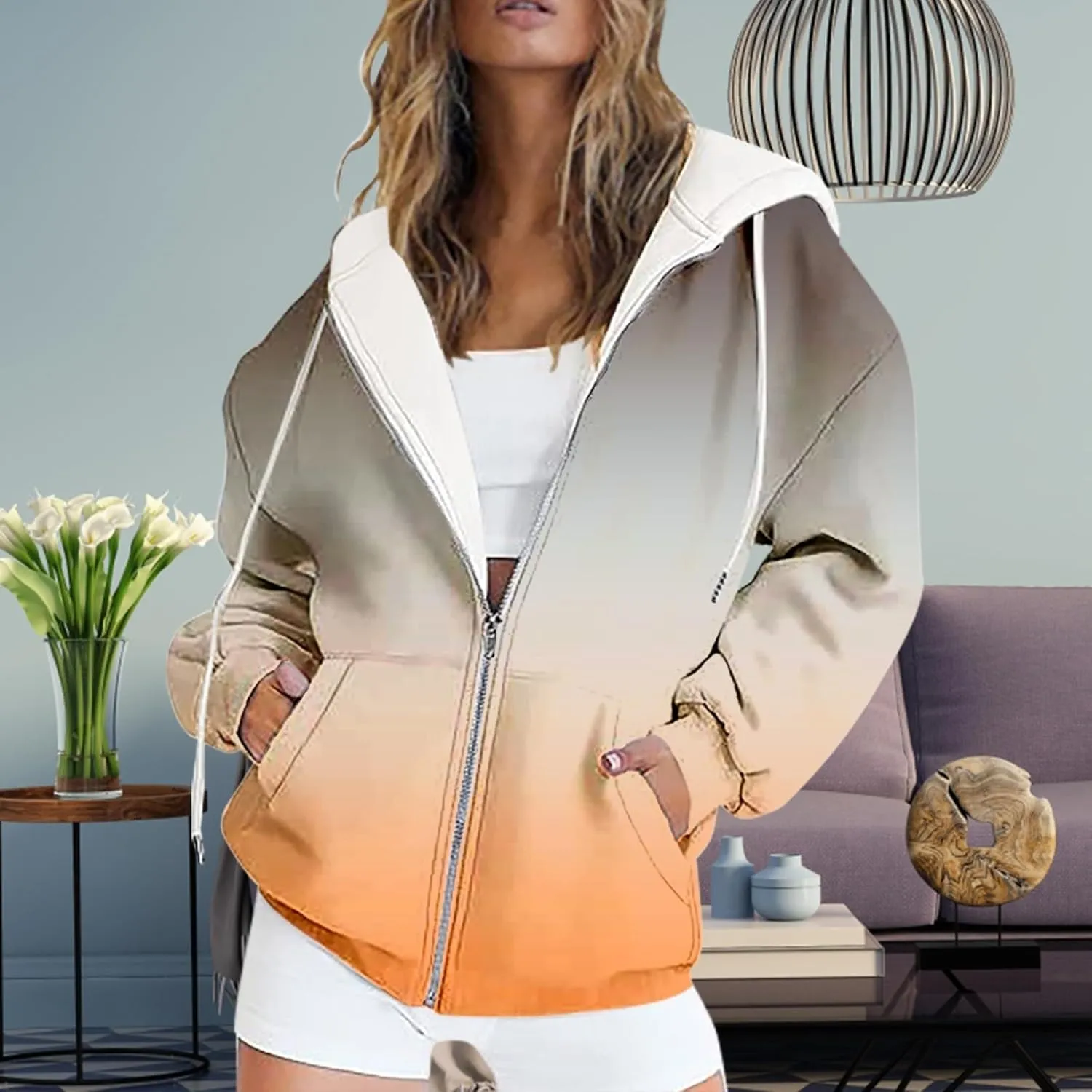 Women's Oversized Zip Up Hoodies Coat Fall Plus Size Sweatshirts Casual Activewear Drawstring Jackets with Pockets