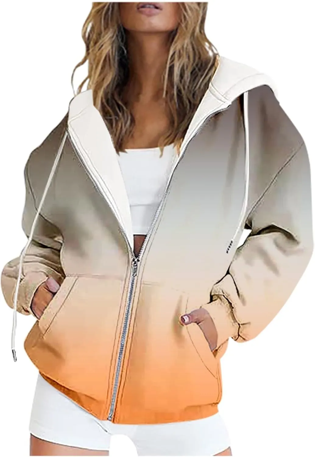 Women's Oversized Zip Up Hoodies Coat Fall Plus Size Sweatshirts Casual Activewear Drawstring Jackets with Pockets