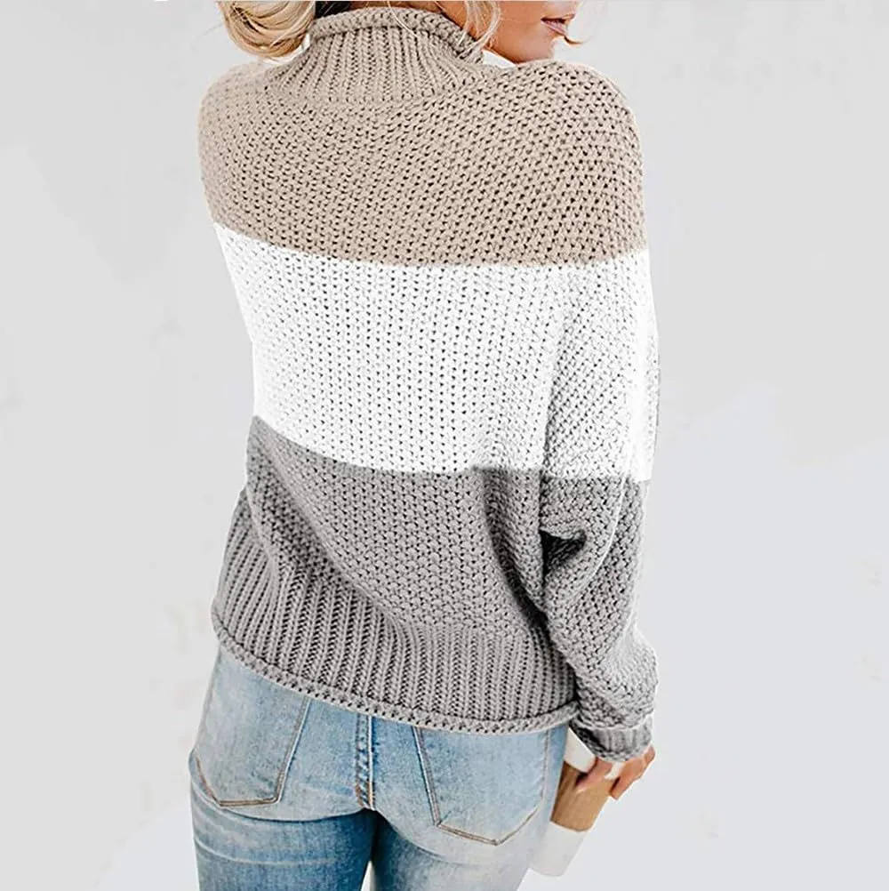Women's Plus Size 2024 Turtleneck Color Block Long Sleeve Loose Oversized Chunky Knitted Pullover Sweater Jumper Tops