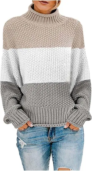 Women's Plus Size 2024 Turtleneck Color Block Long Sleeve Loose Oversized Chunky Knitted Pullover Sweater Jumper Tops