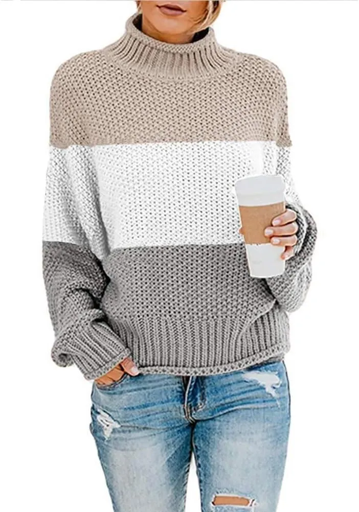 Women's Plus Size 2024 Turtleneck Color Block Long Sleeve Loose Oversized Chunky Knitted Pullover Sweater Jumper Tops