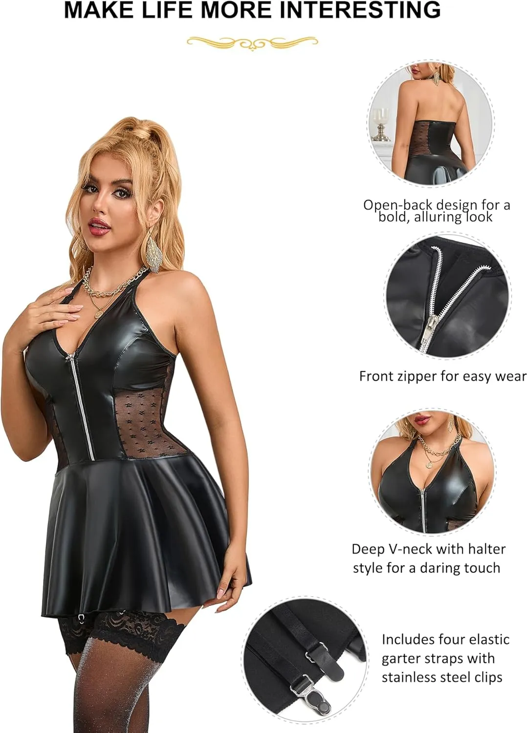 Women's Plus Size PU Leather Summer Mini Dress Deep V Zipper A-line Bodycon Babydoll Lingerie (with Gift Box)