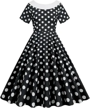 Womens Retro Polka Dot Crewneck Short Sleeve Hepburn Style Dresses 1950s Vintage Tea Party A-Line Swing Dress