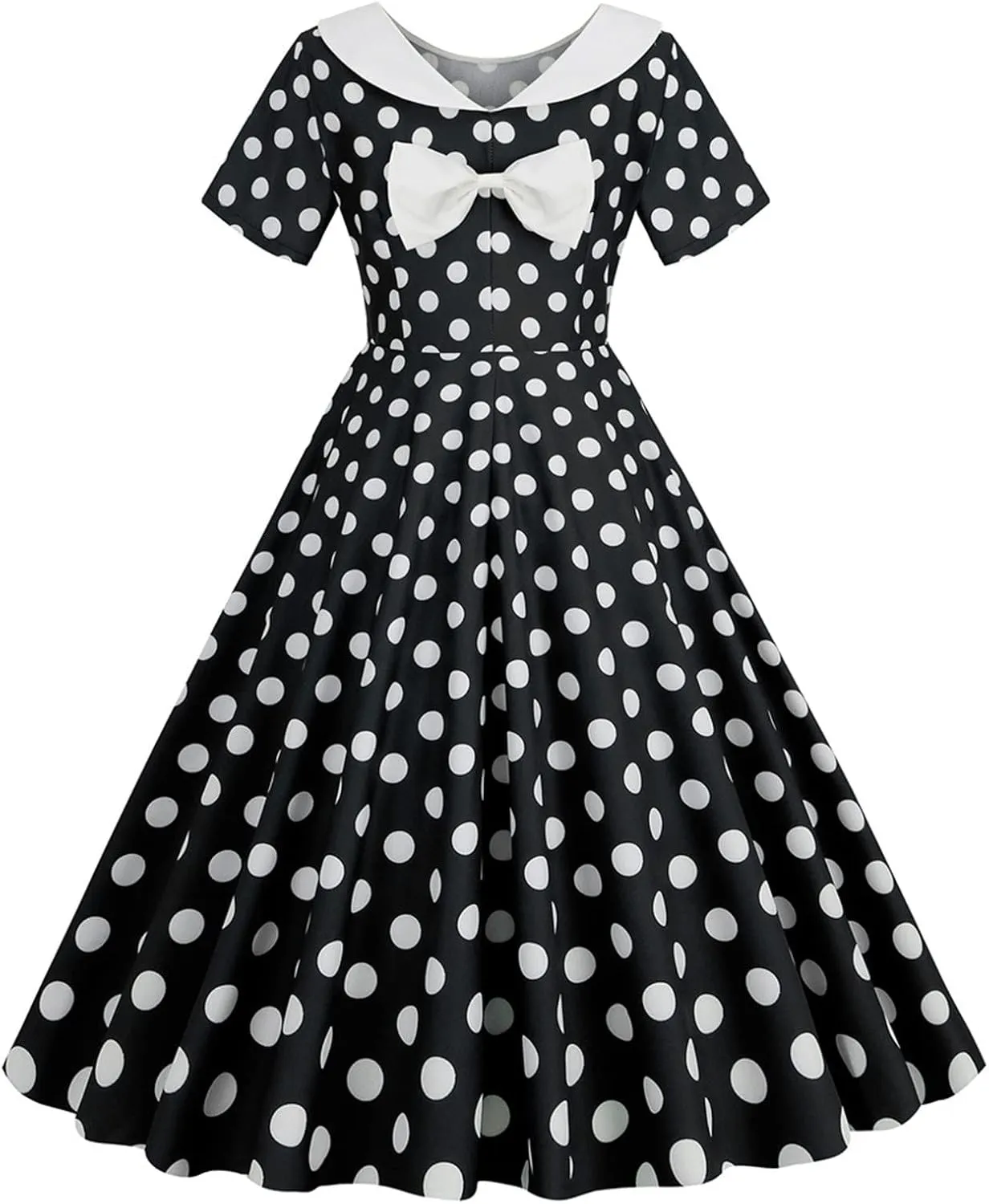 Womens Retro Polka Dot Crewneck Short Sleeve Hepburn Style Dresses 1950s Vintage Tea Party A-Line Swing Dress
