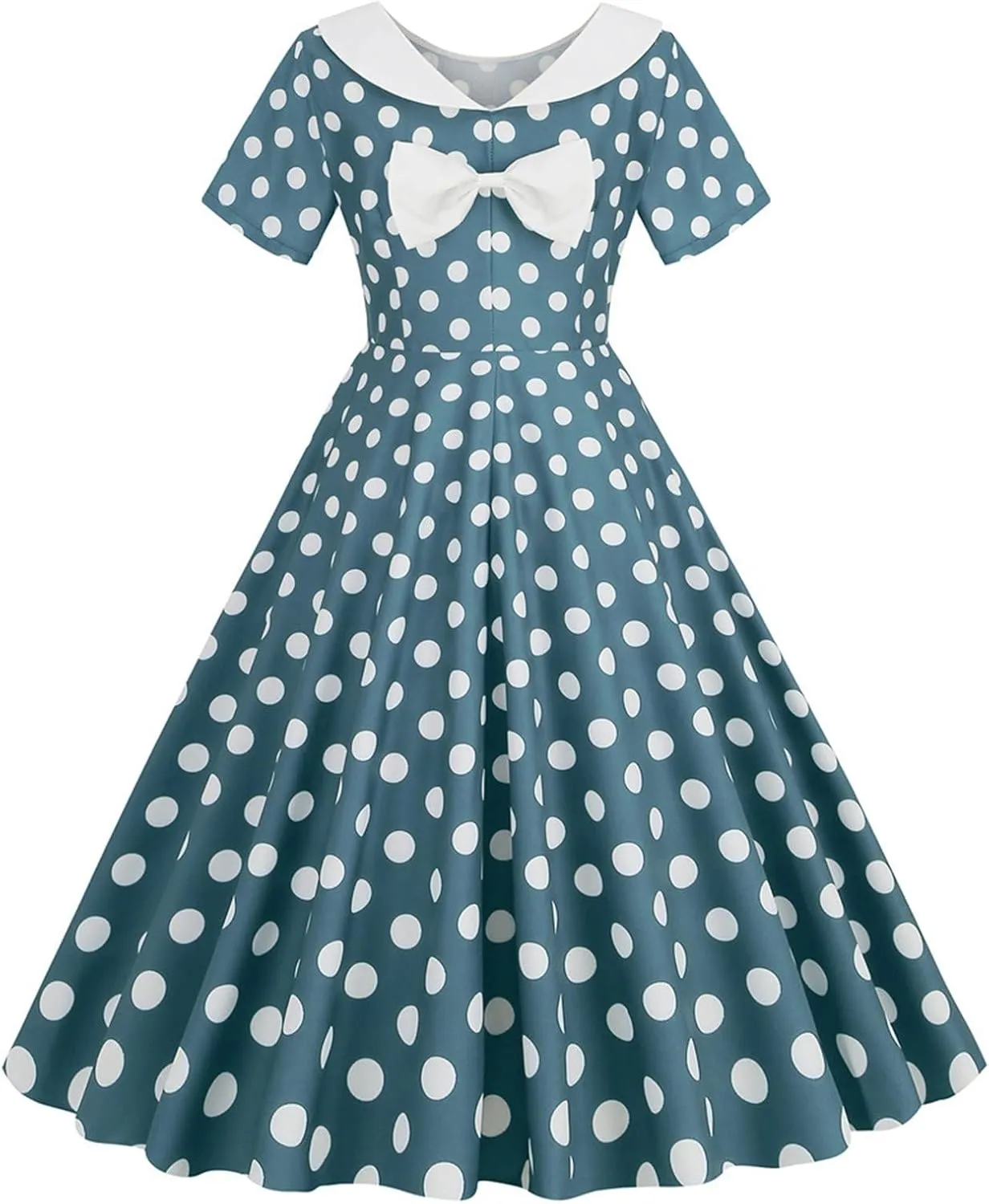 Womens Retro Polka Dot Crewneck Short Sleeve Hepburn Style Dresses 1950s Vintage Tea Party A-Line Swing Dress