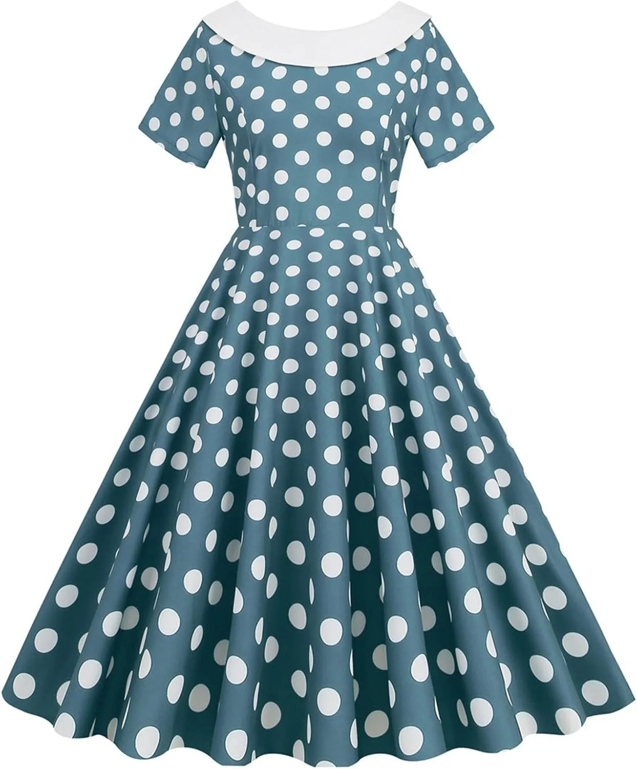 Womens Retro Polka Dot Crewneck Short Sleeve Hepburn Style Dresses 1950s Vintage Tea Party A-Line Swing Dress