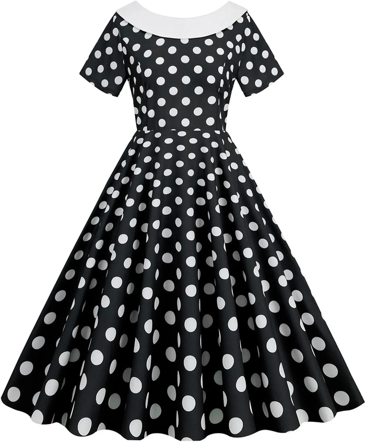 Womens Retro Polka Dot Crewneck Short Sleeve Hepburn Style Dresses 1950s Vintage Tea Party A-Line Swing Dress