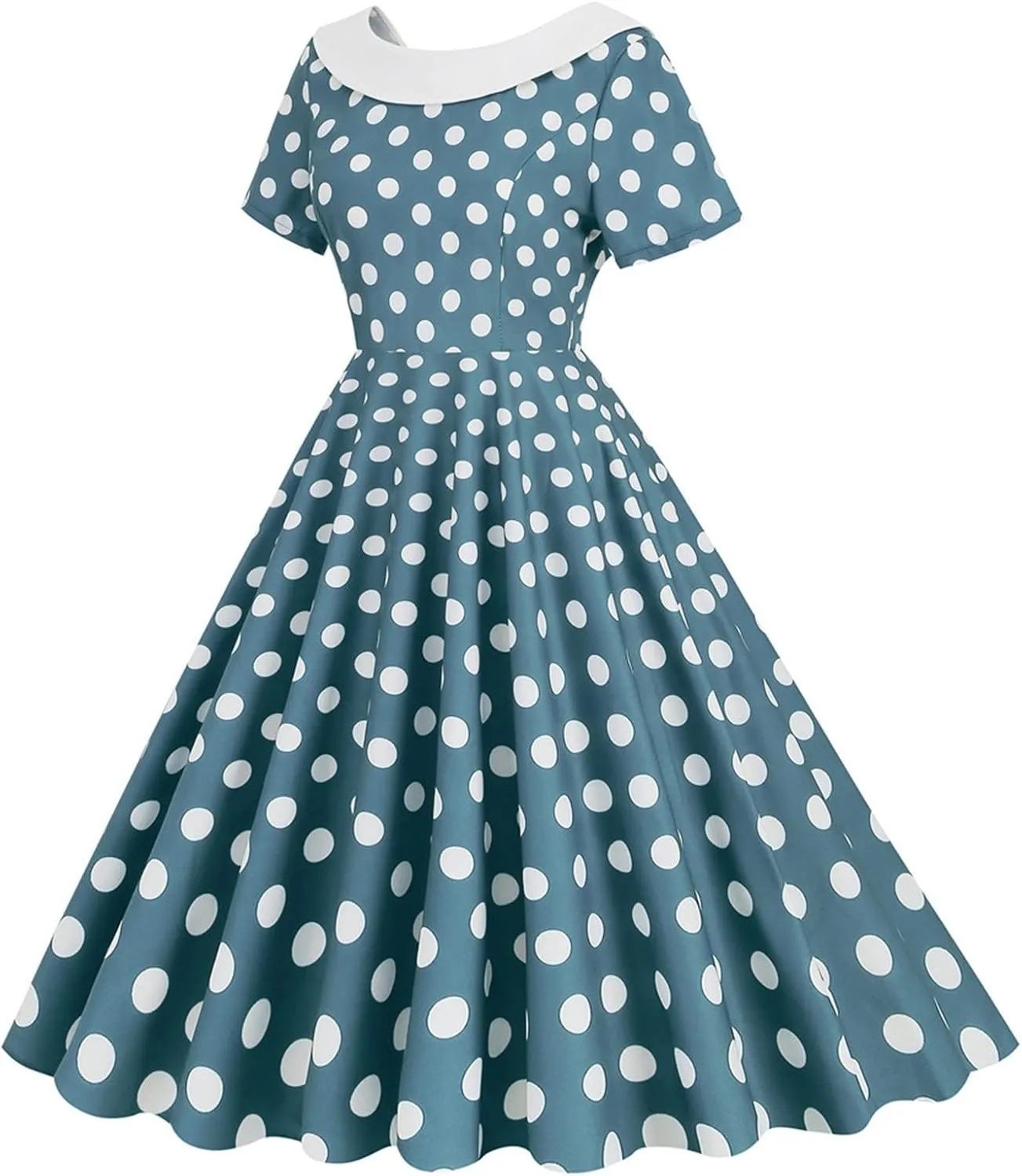 Womens Retro Polka Dot Crewneck Short Sleeve Hepburn Style Dresses 1950s Vintage Tea Party A-Line Swing Dress