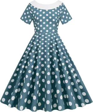 Womens Retro Polka Dot Crewneck Short Sleeve Hepburn Style Dresses 1950s Vintage Tea Party A-Line Swing Dress