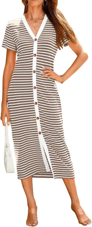 Womens Ribbed Knit Dresses Button Down Striped Midi Dress Short Sleeve Casual Summer Comfy Dresses Vacation Outfits