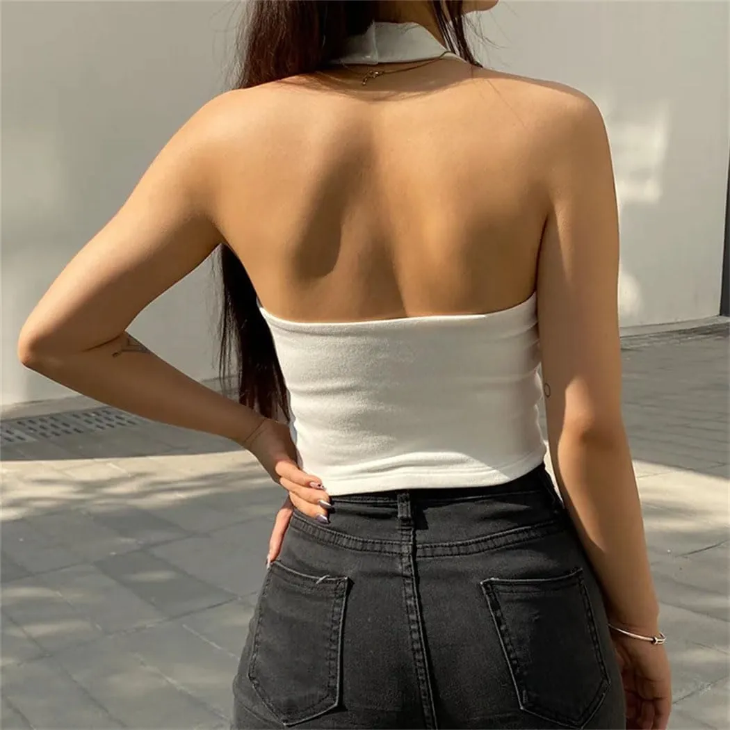 Women's Ribbed Knit Strapless Halter Tops Sporty Chic Crop Vest Backless Slim-Fit Summer Casual Activewear