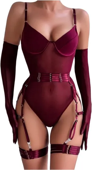 Women's Sexy Mesh Lingerie Set Garter Teddy Bodysuit with Underwire Chest support, Babydoll & 1 Pair Gloves
