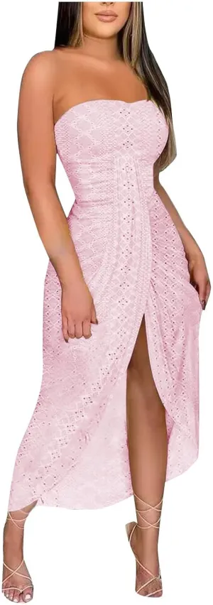 Women's Sexy Strapless Tube Long Dress Solid Color Ruched High Waist Wrap Split Asymmetrical Beach Maxi Long Dresses