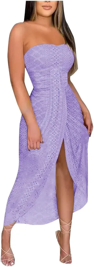 Women's Sexy Strapless Tube Long Dress Solid Color Ruched High Waist Wrap Split Asymmetrical Beach Maxi Long Dresses