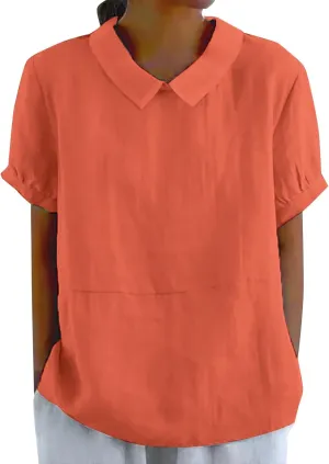 Womens Short Sleeve Cotton Linen Shirts Causal V-Neck Batwing Oversized T-Shirt Solid Color Loose Summer Tops