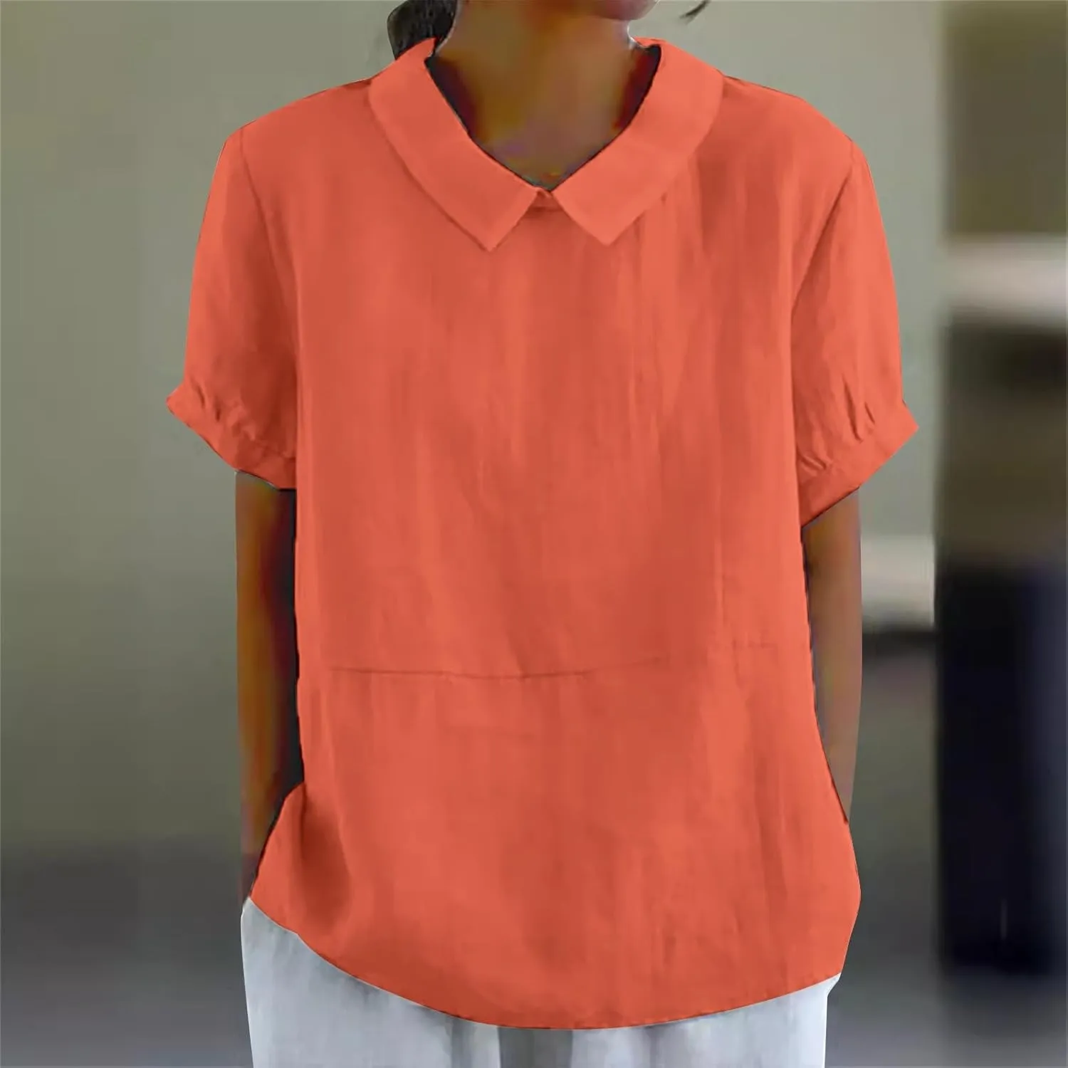 Womens Short Sleeve Cotton Linen Shirts Causal V-Neck Batwing Oversized T-Shirt Solid Color Loose Summer Tops