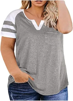 Women's Short Sleeve Plus Size T Shirts Loose Fit V Neck Color Block Tee Blouses 2025 Trendy Summer Oversized Tops
