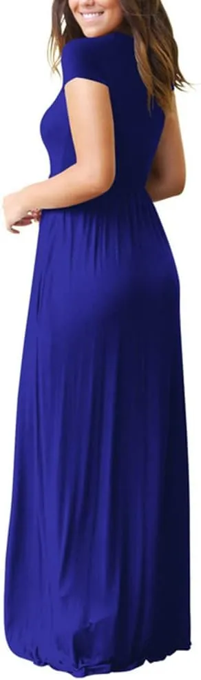 Women's Short Sleeve Split Maxi Dress Crewneck Tshirt Casual Plain Long Dresses Beach Basic Vacation Dresses Pockets