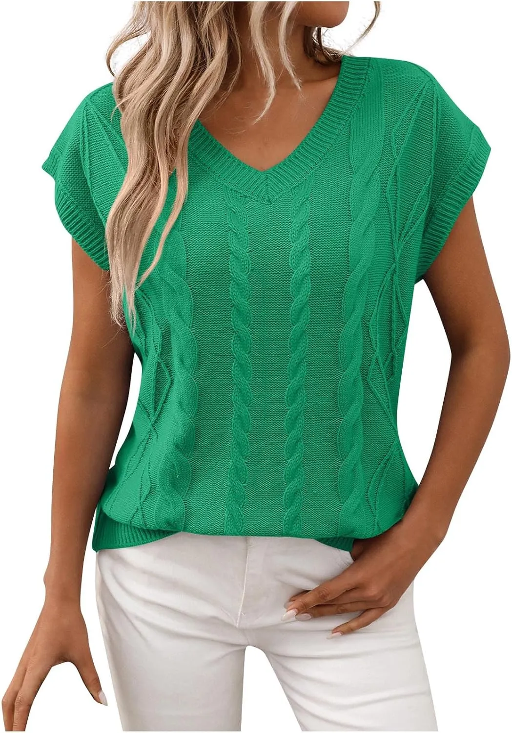 Womens Short Sleeve Sweaters Tops V-Neck Cable Knit Casual Soft Pullover Shirt 2025 Spring Summer Business Outfits