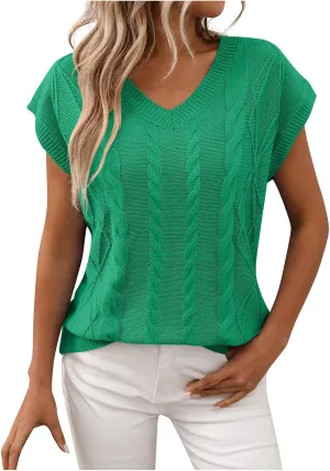 Womens Short Sleeve Sweaters Tops V-Neck Cable Knit Casual Soft Pullover Shirt 2025 Spring Summer Business Outfits