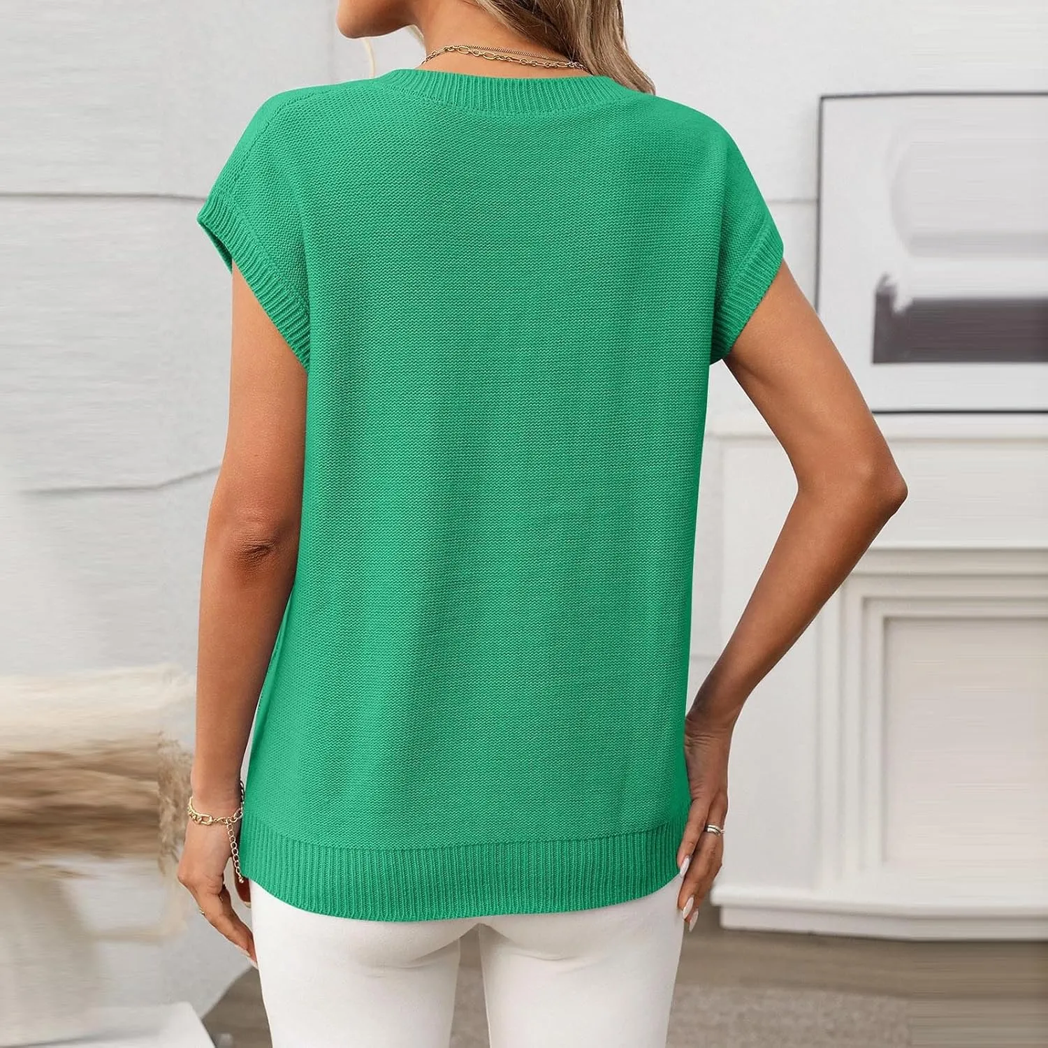 Womens Short Sleeve Sweaters Tops V-Neck Cable Knit Casual Soft Pullover Shirt 2025 Spring Summer Business Outfits