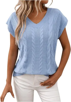 Womens Short Sleeve Sweaters Tops V-Neck Cable Knit Casual Soft Pullover Shirt 2025 Spring Summer Business Outfits