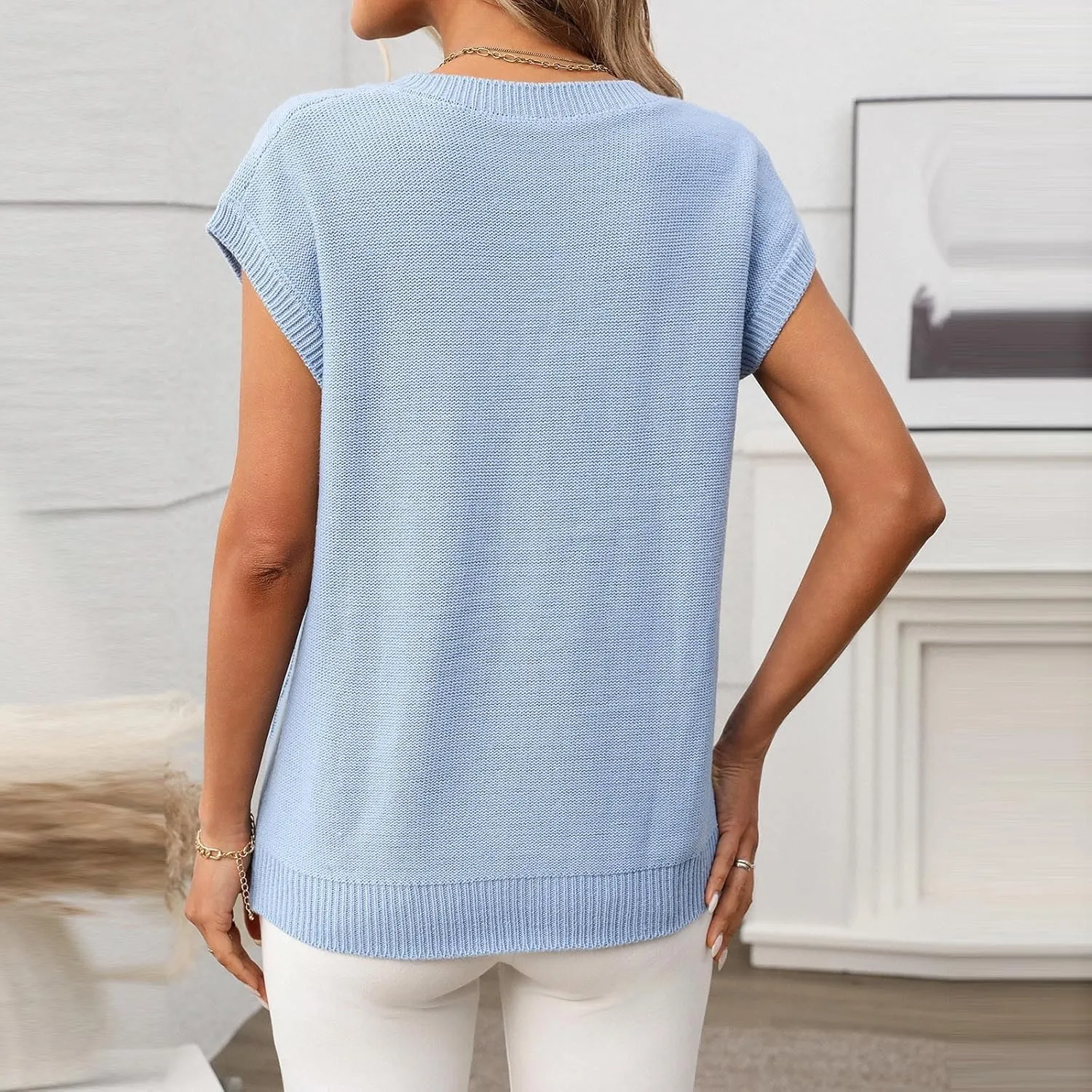 Womens Short Sleeve Sweaters Tops V-Neck Cable Knit Casual Soft Pullover Shirt 2025 Spring Summer Business Outfits