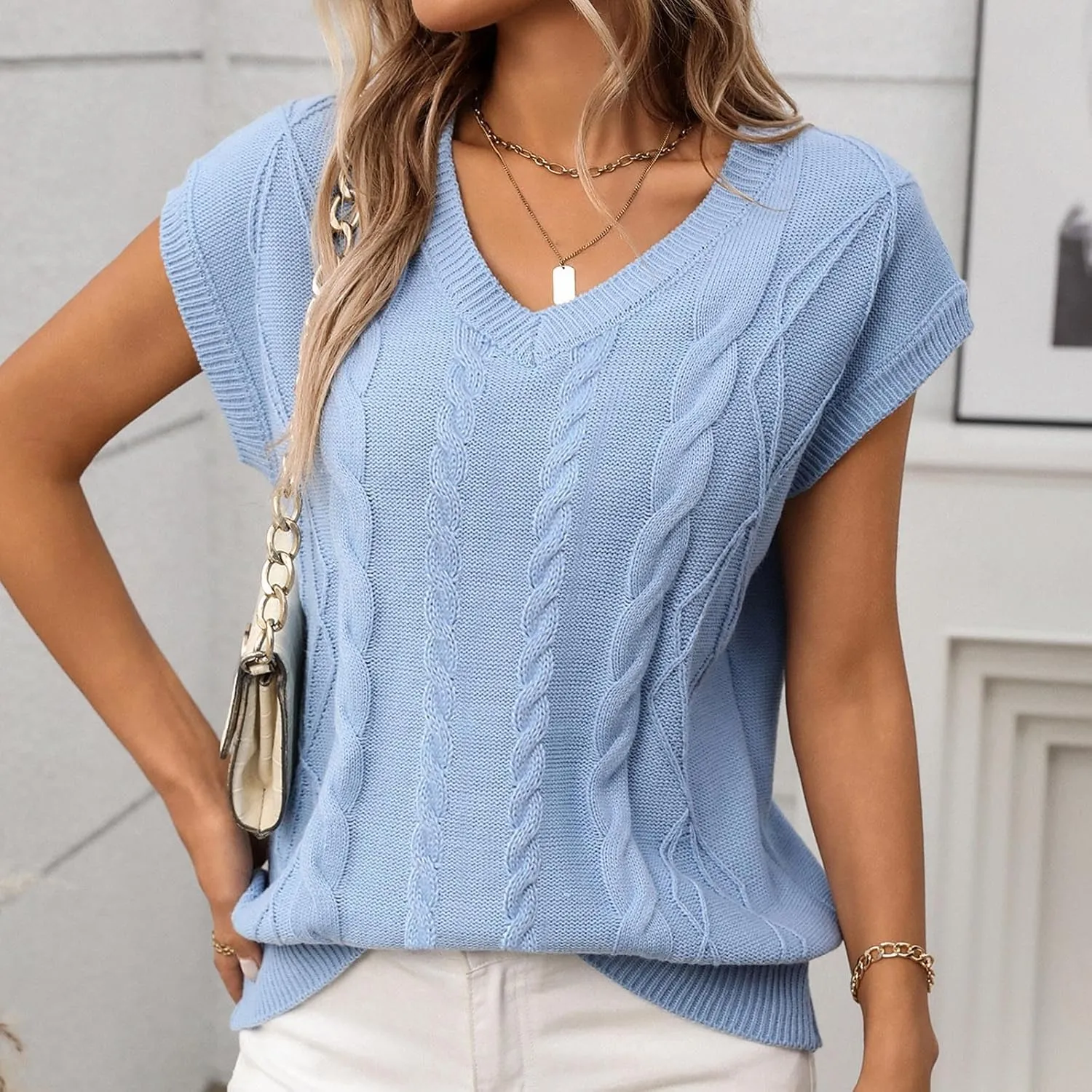 Womens Short Sleeve Sweaters Tops V-Neck Cable Knit Casual Soft Pullover Shirt 2025 Spring Summer Business Outfits