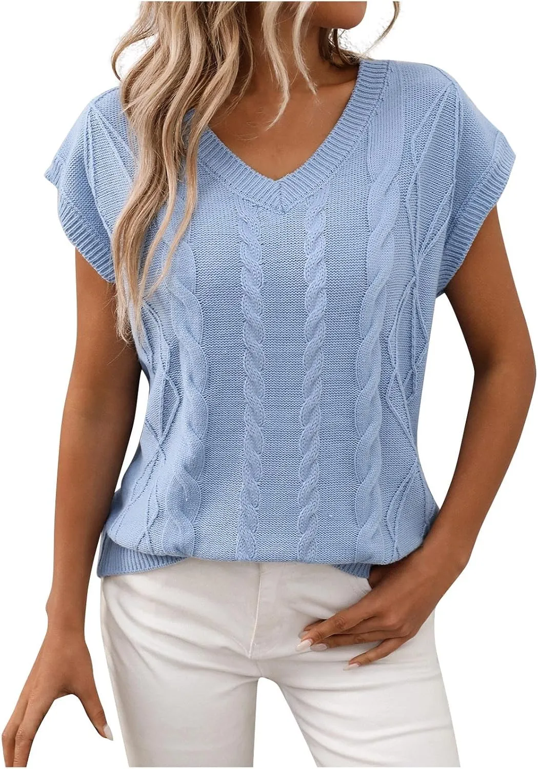 Womens Short Sleeve Sweaters Tops V-Neck Cable Knit Casual Soft Pullover Shirt 2025 Spring Summer Business Outfits